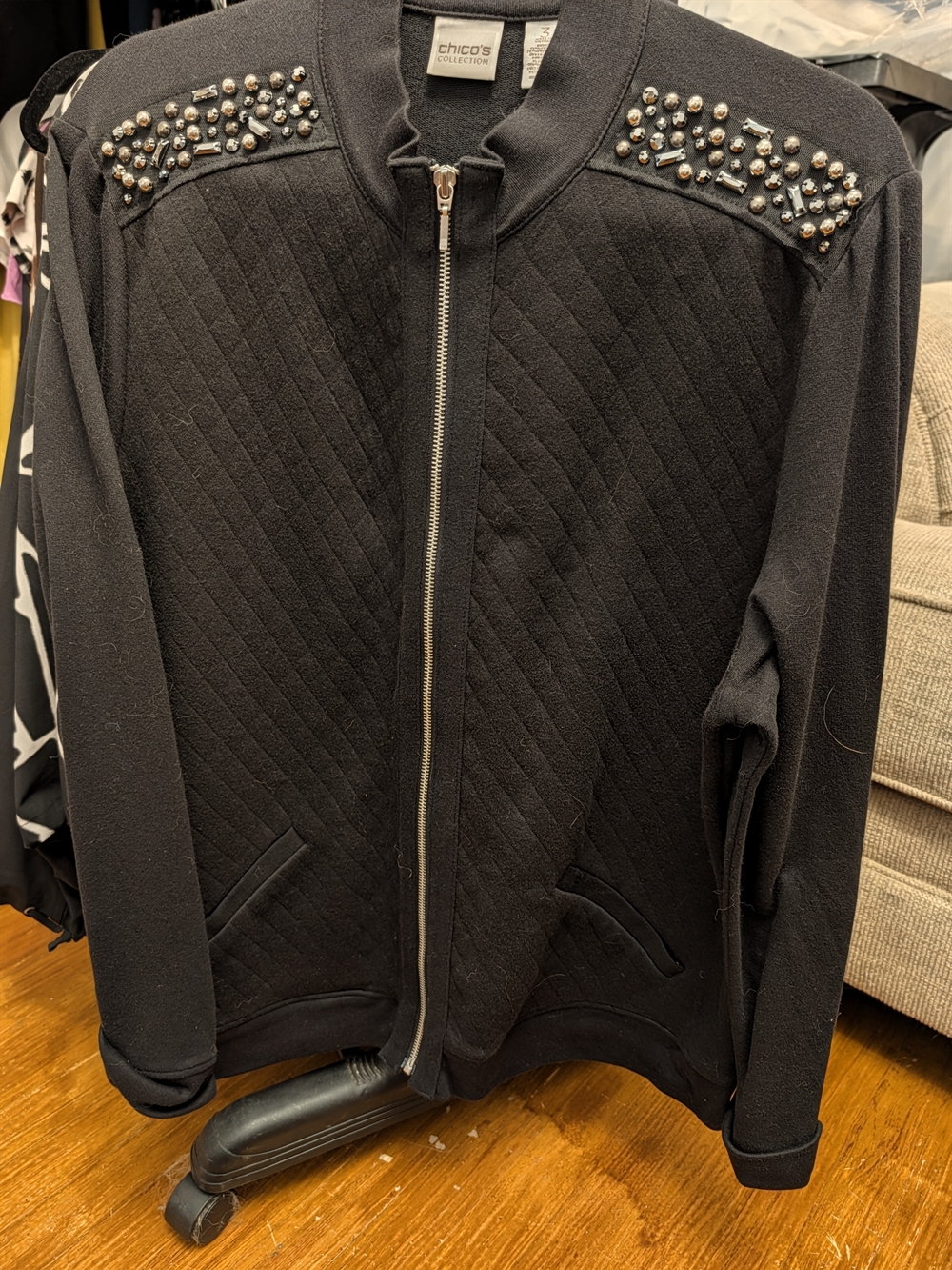 Chico's Black Quilted Zip-Front Jacket with Stud Embellishments
